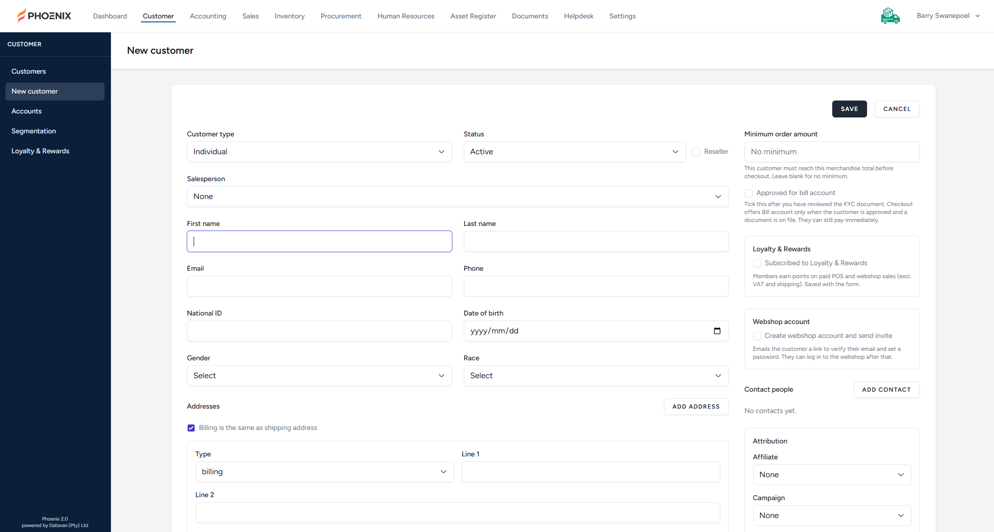 Phoenix new customer form